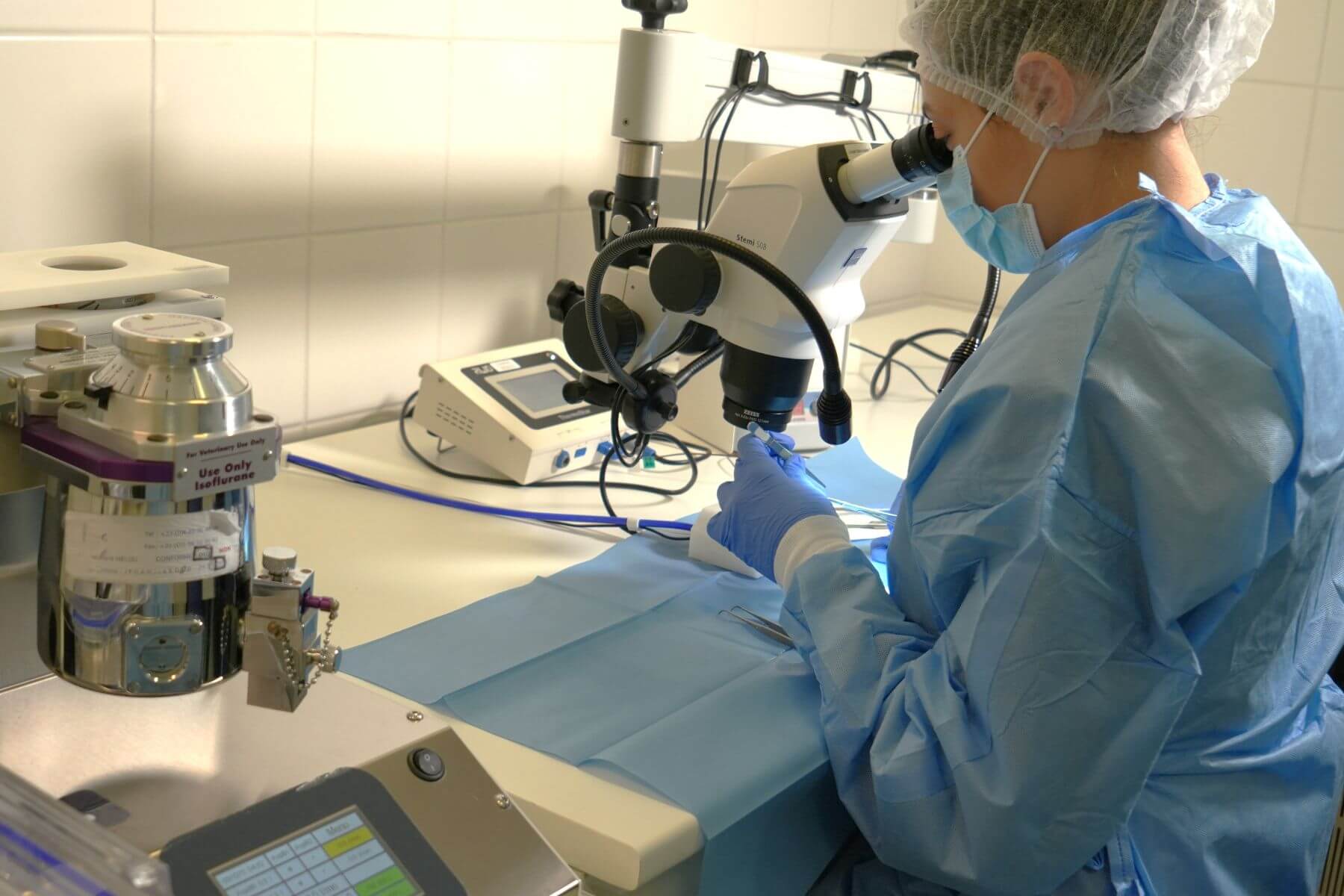 operator with stereotaxy and microsurgery with anesthesia station