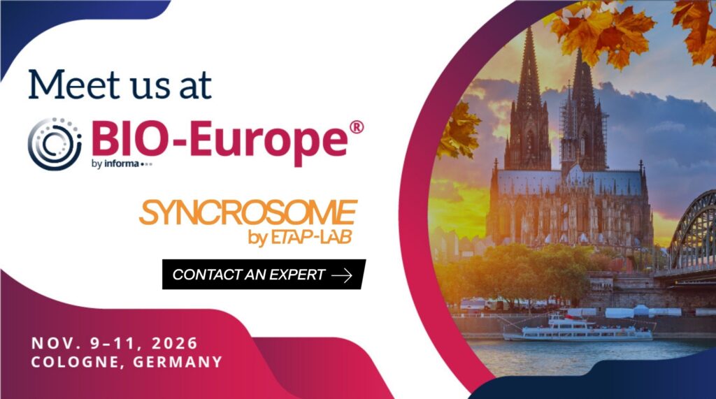 illustration of BIO-Europe in Koln 2026 and SYncrosome by etap-lab participating in it.